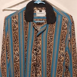 Leopard & Chain Print Blue Button Up Shirt